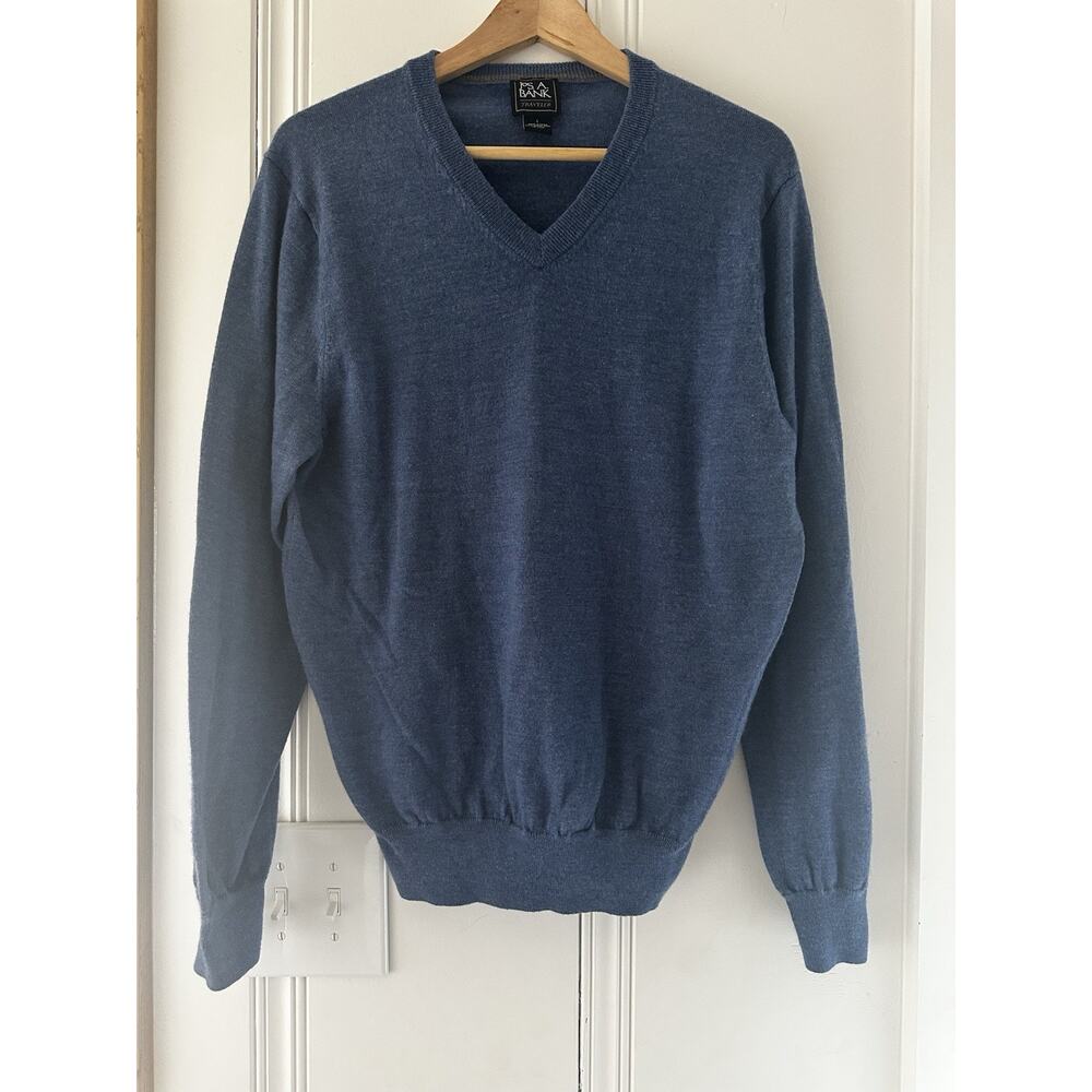 Jos‎ A Bank Traveler 100% Merino Wool Sweater Mens L Blue V Neck Lightweight